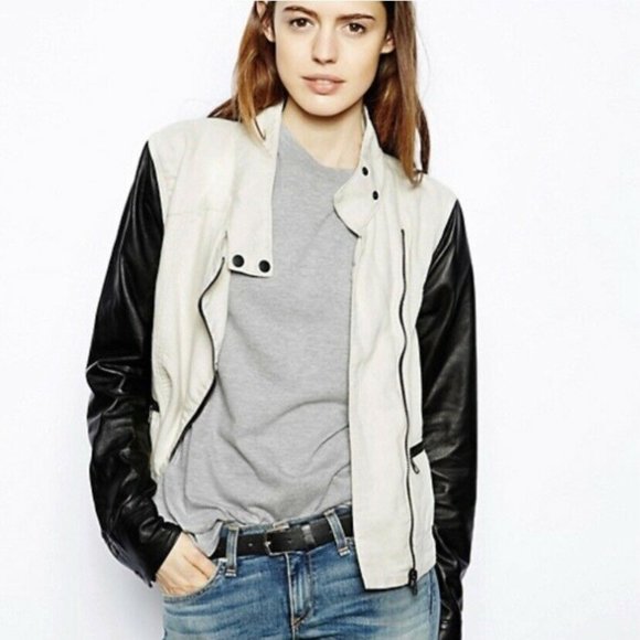 XSmall Rag & Bone Leather-Trimmed Biker Jacket - Picture 1 of 5